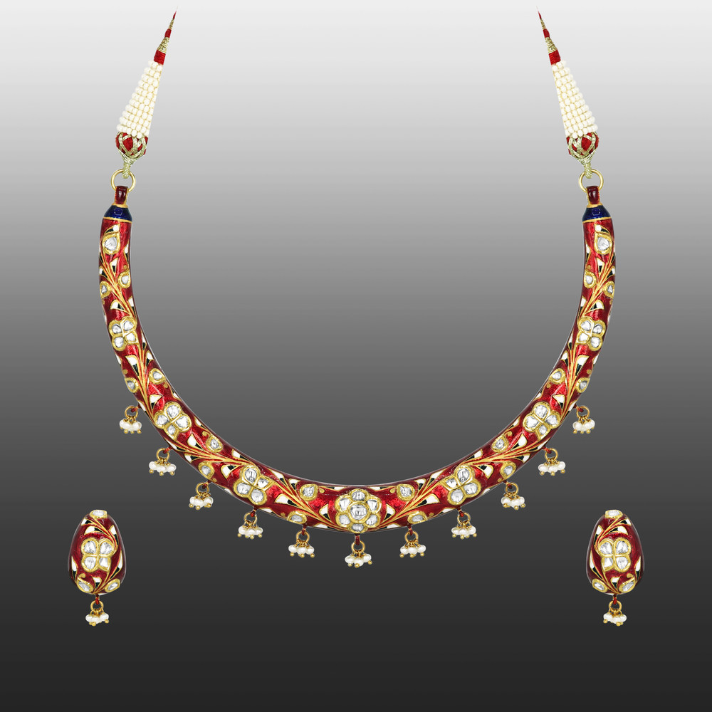 Polki Hasli Necklace Set with Red Enamel and Pearl Beads